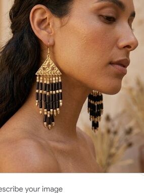 Plunder Gold and Black Beaded Fringe Earrings - Women Jewelry